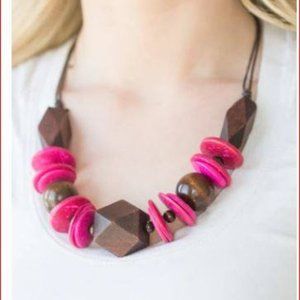 Brown Wood & Hot Pink Necklace and Wood Earrings